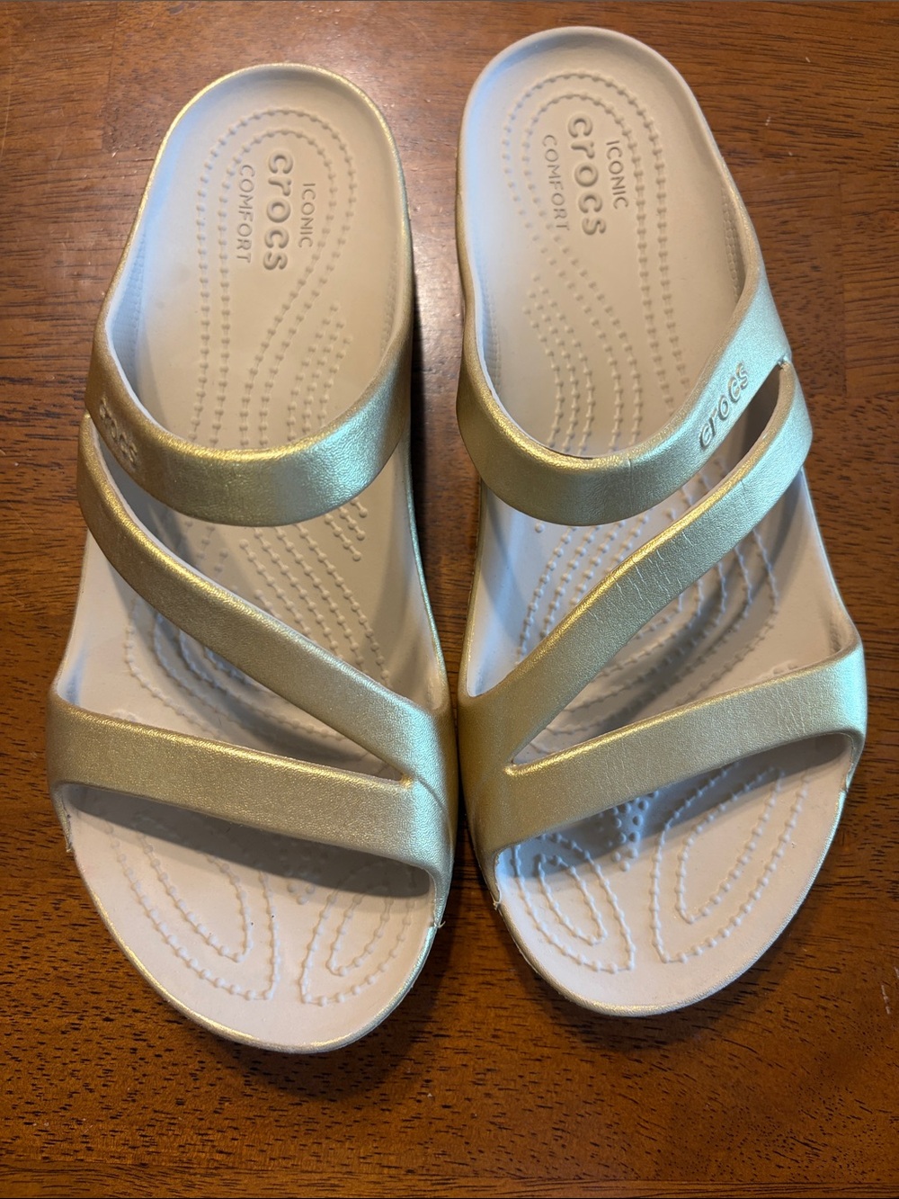 CROCS Women's Metallic Gold Multi-Strap Slide Sandals